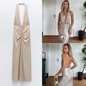 ZARA | Gold Lamé Halter Maxi Dress Backless Evening Gown